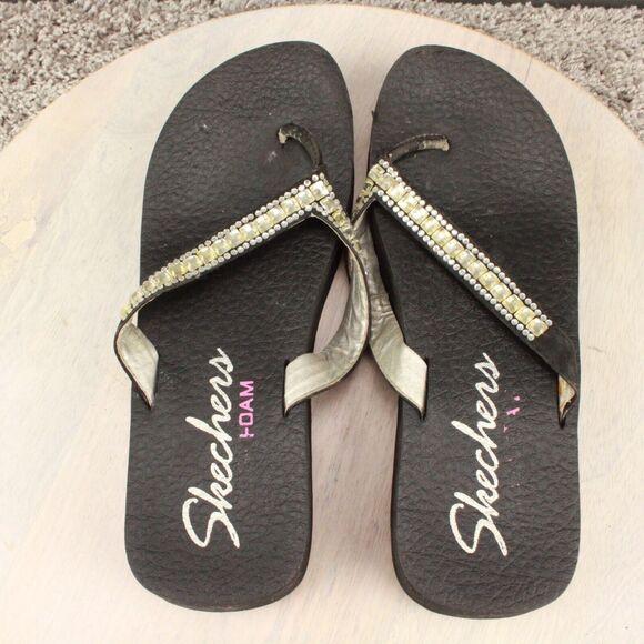 Skechers Yoga Foam Thong Sandals Womens 8 Black Rhinestone Flip Flops Bling - Picture 10 of 11